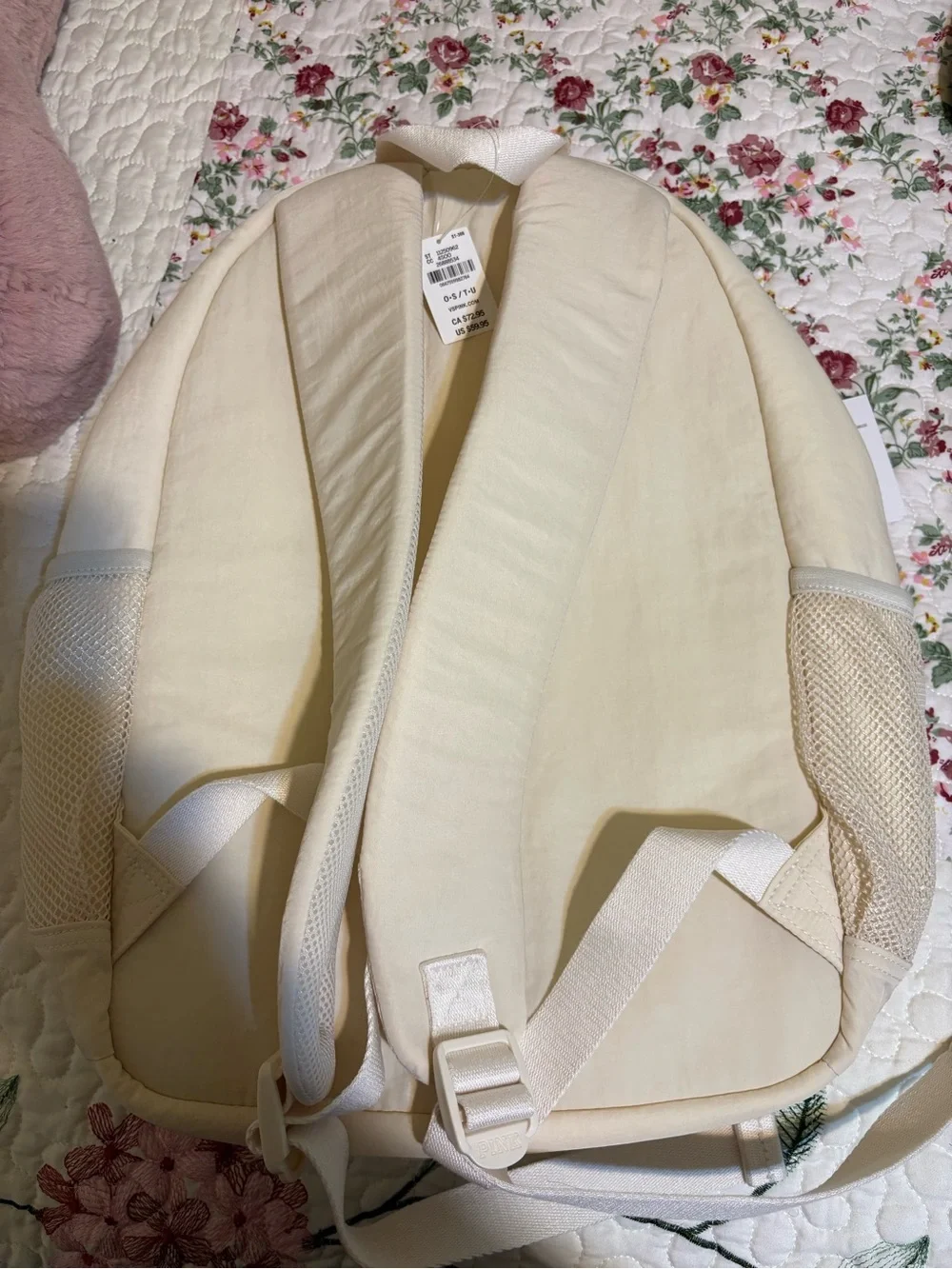 PINK Victoria's Secret Cream Quilted Backpack with Stripe Detail
